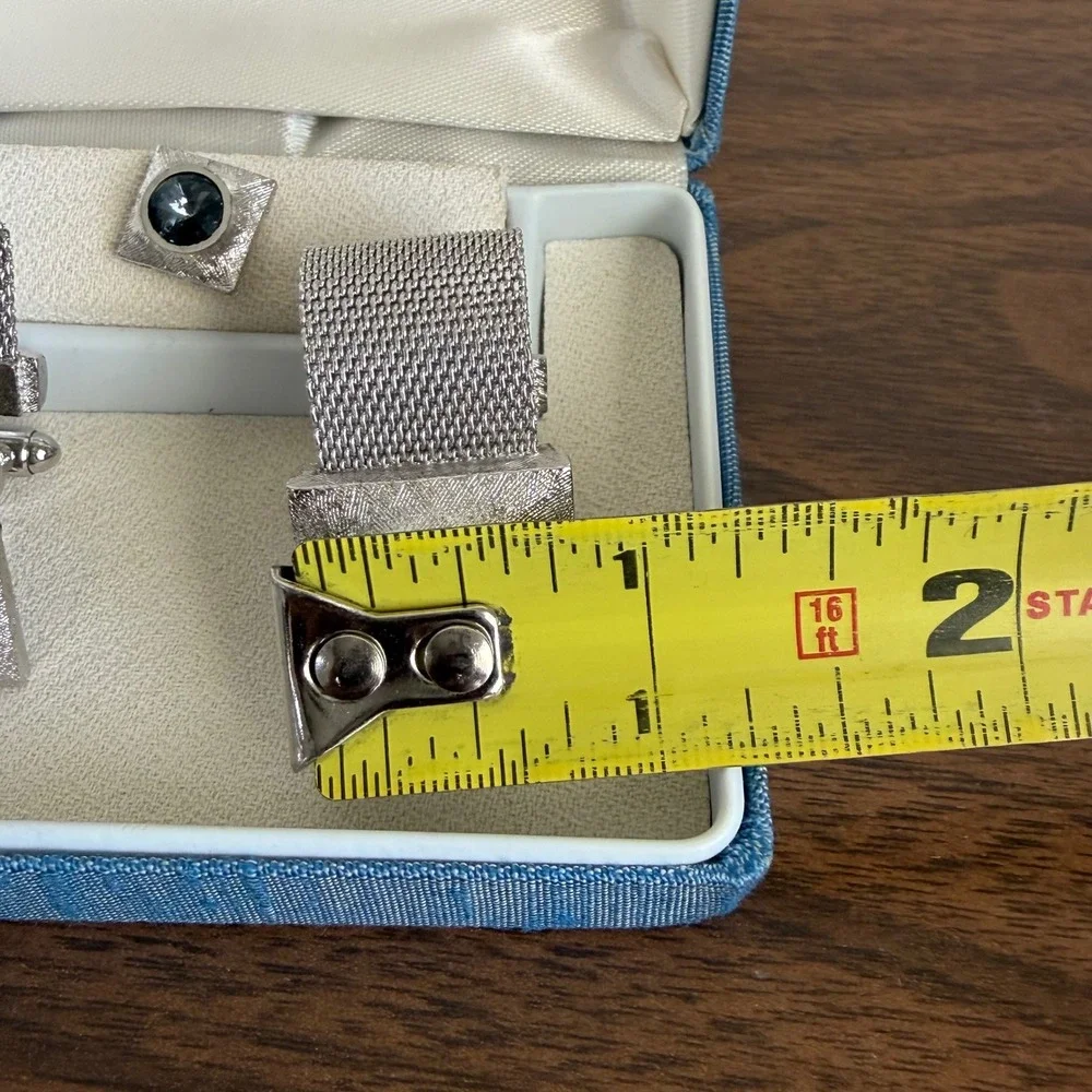 Vintage Esquire Dante Rivoli Rhinestone Mesh Cufflinks Tie Tack Set Silver Tone